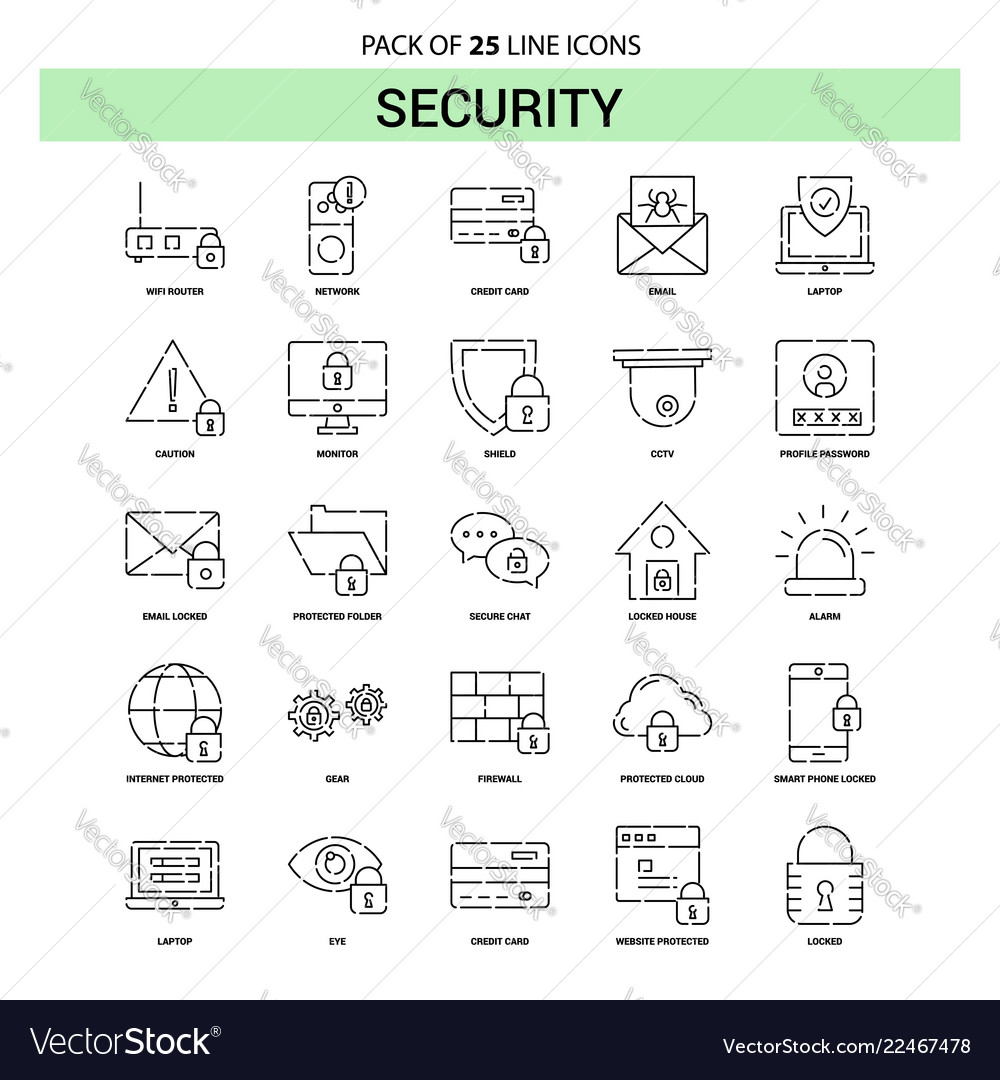 Security line icon set - 25 dashed outline style