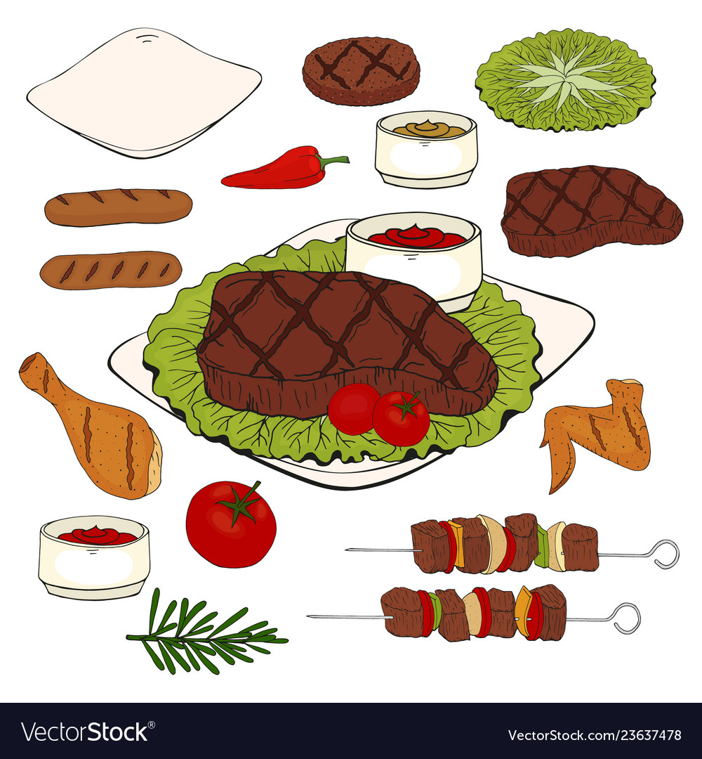 Set of hand drawn bbq objects isolated image