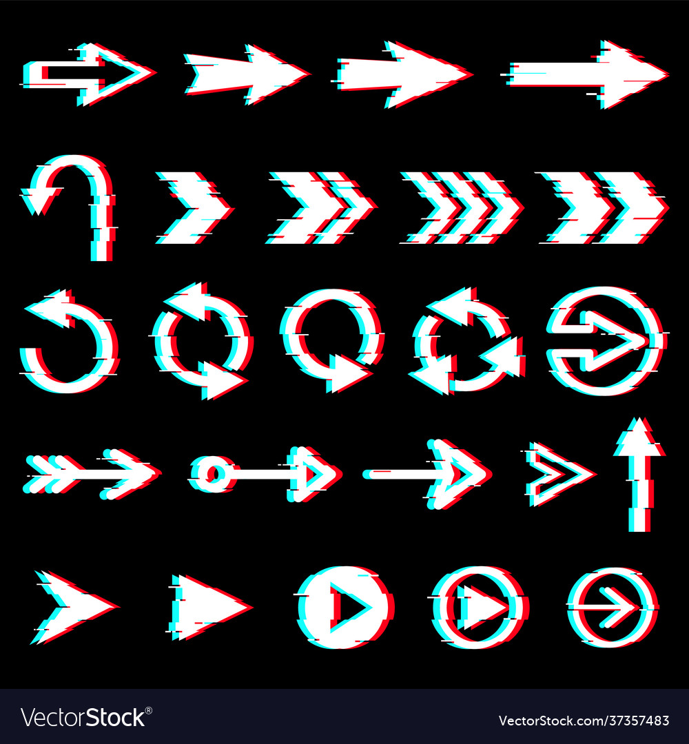 Arrows glitch icons digital noise effect pointers vector image Arrows glitch icons digital noise effect pointers