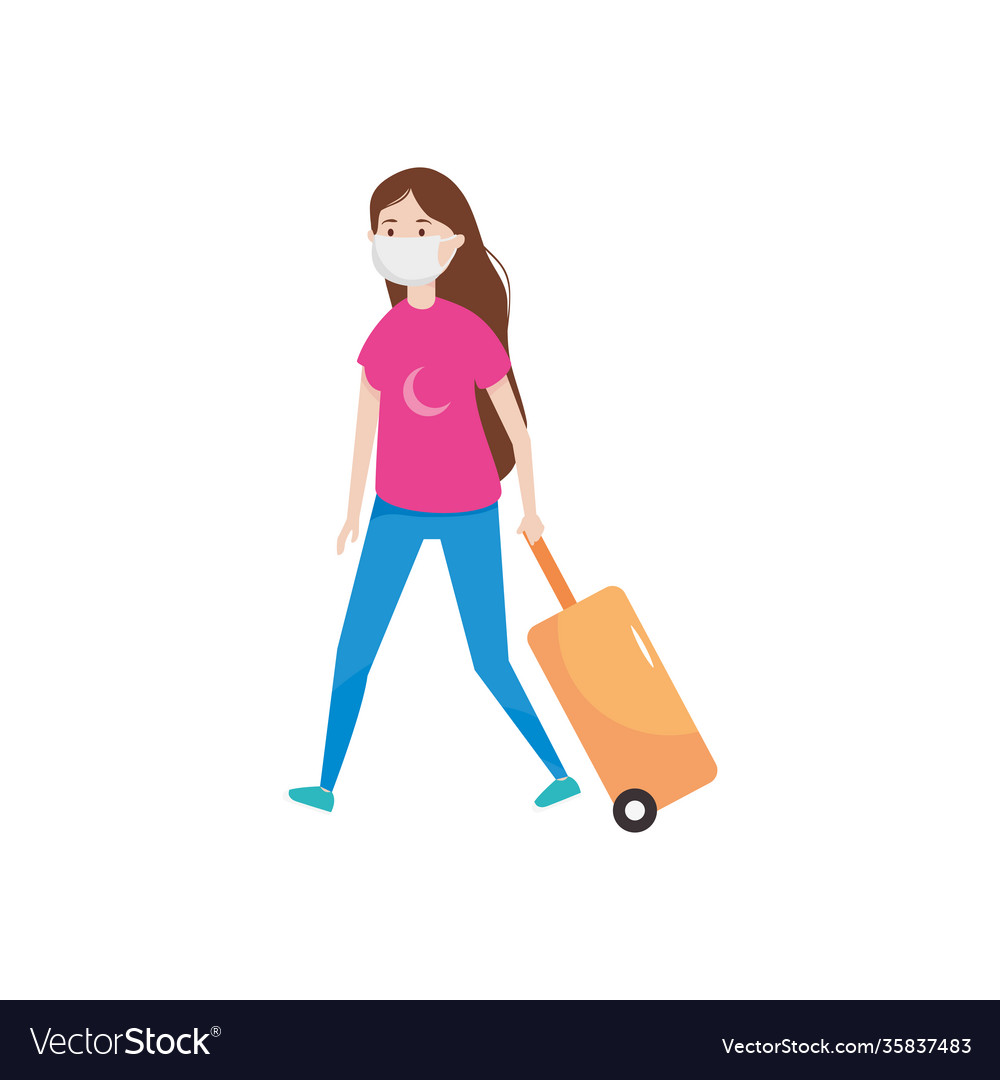 Cartoon woman with mouth mask and pulling suitcase