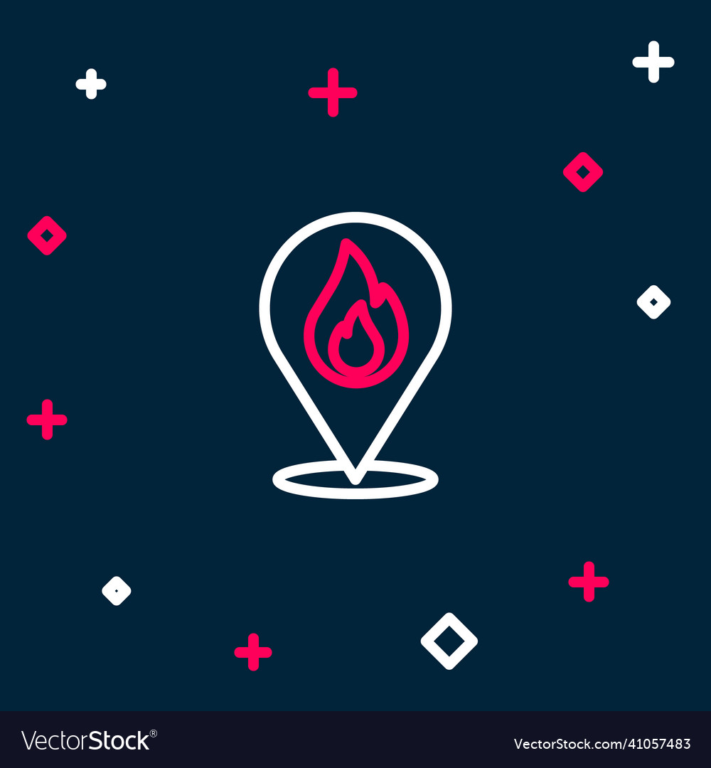 Line map pointer with fire flame icon isolated
