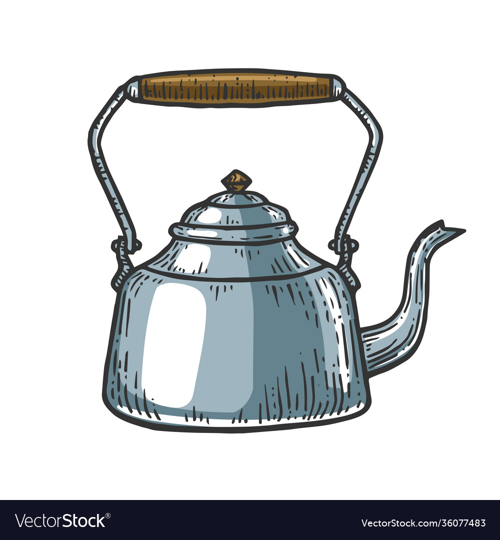 Vintage Tea Kettle Hand Draw Engraving Illustration Black And