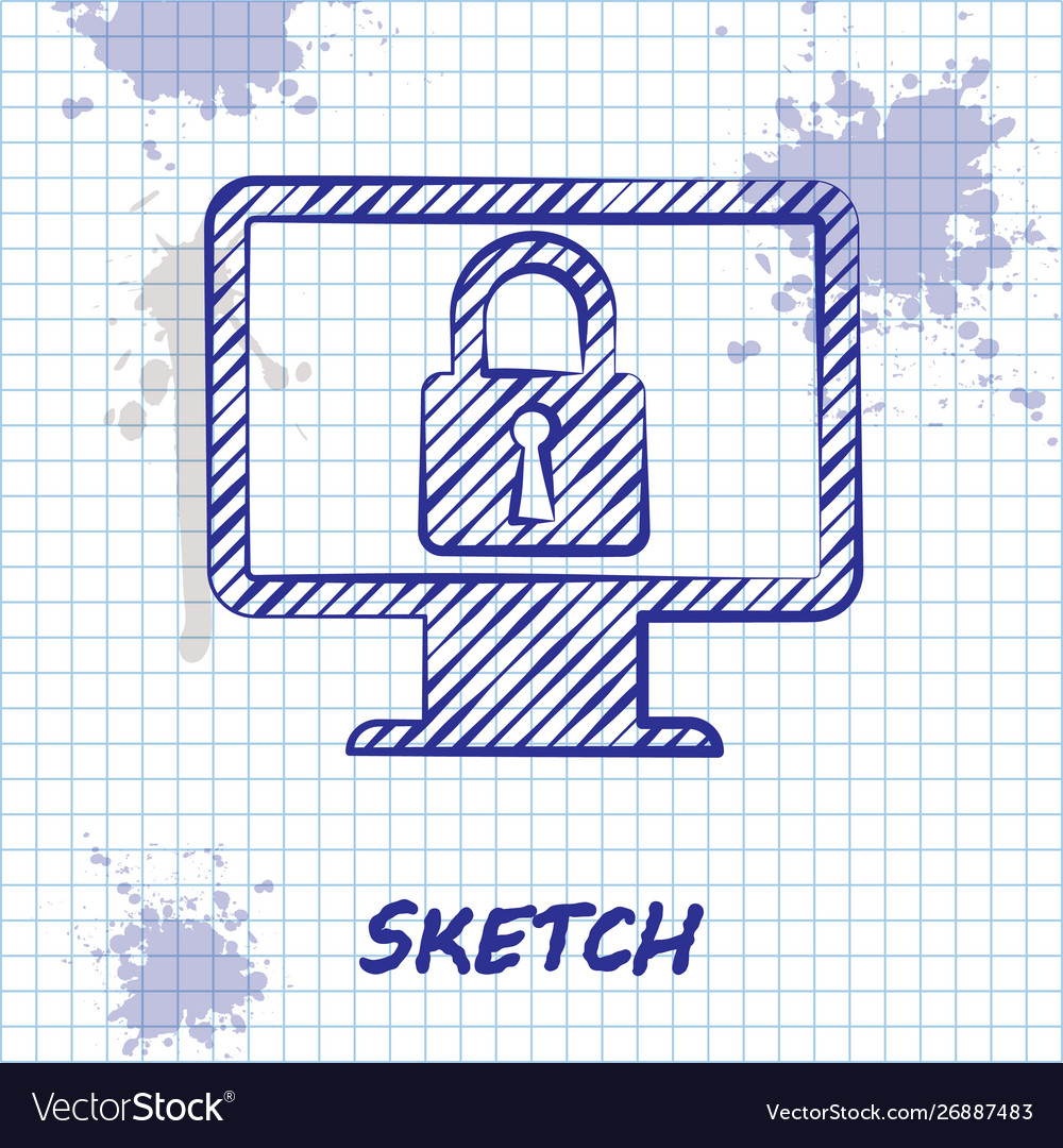 Sketch line lock on computer monitor screen icon Vector Image Sketch line lock on computer monitor screen icon