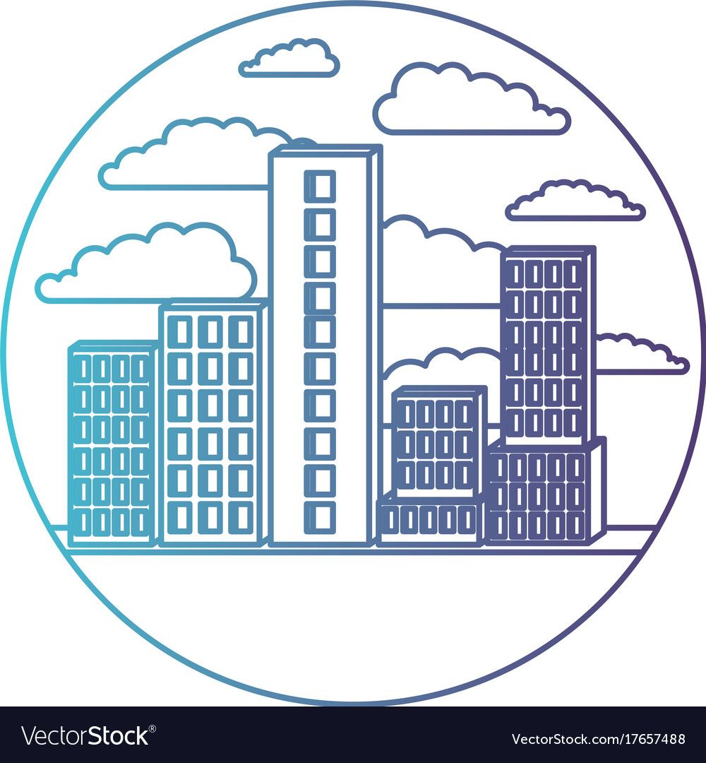 Building set city in circular frame with cloud