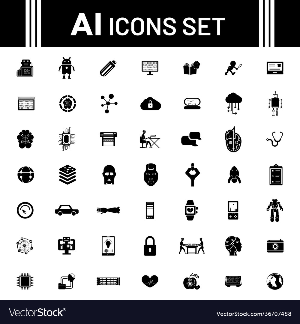Bw artificial intelligence ai icon set vector image Bw artificial intelligence ai icon set