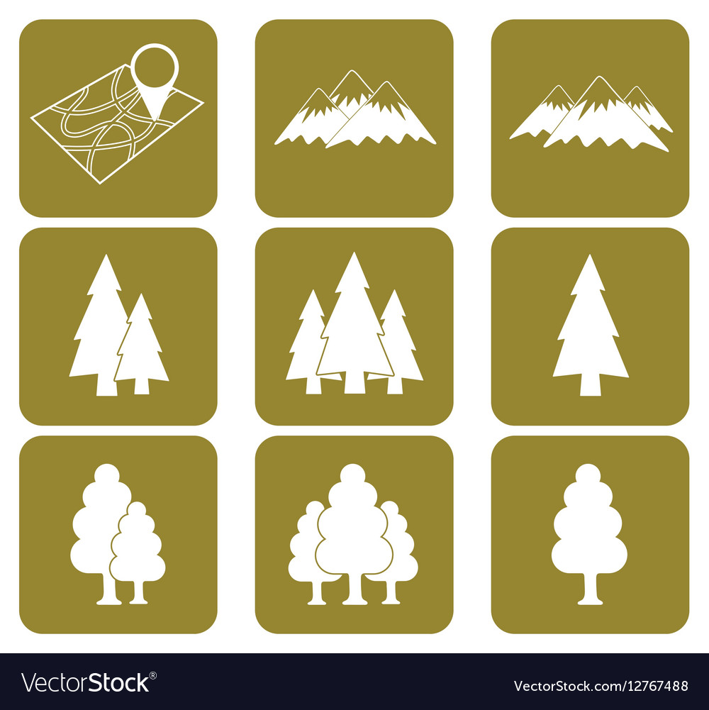 Map with mountain and forest icons set