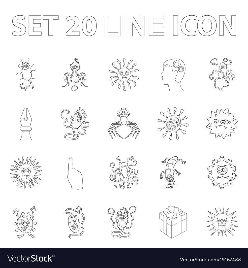 Types of funny microbes outline icons in set