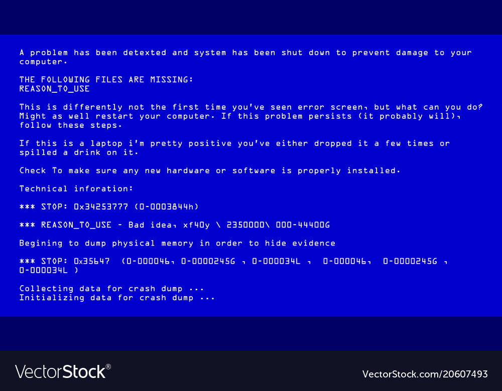 Blue screen of death bsod fatal death Royalty Free Vector