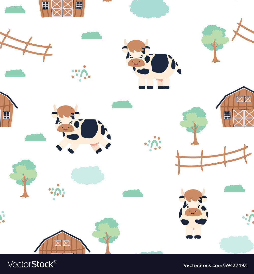 Cute cow farm doodle cartoon animals seamless