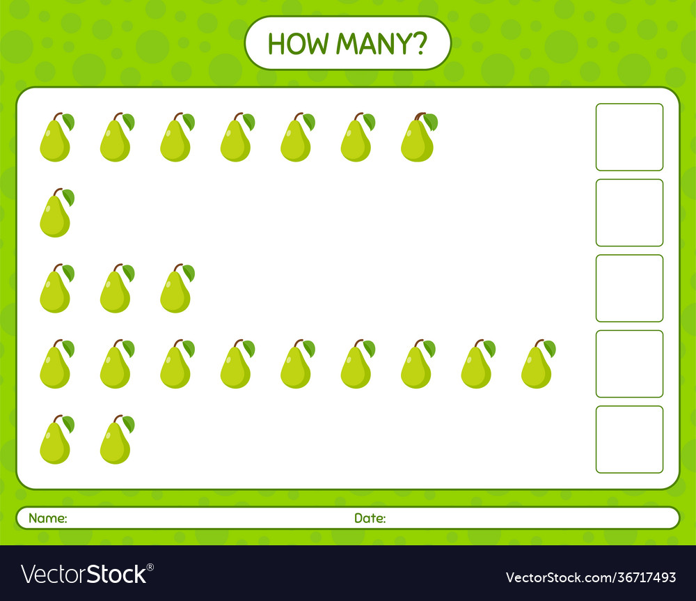 How many counting game with pear worksheet vector image How many counting game with pear worksheet