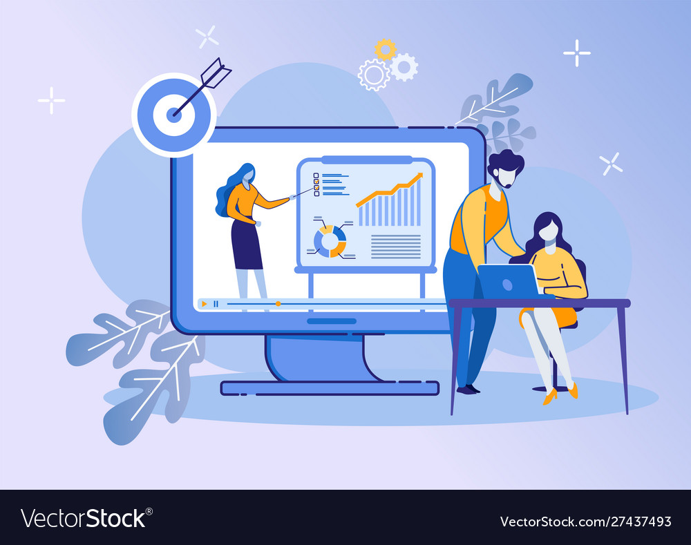 People listen woman on huge screen with graphs Vector Image