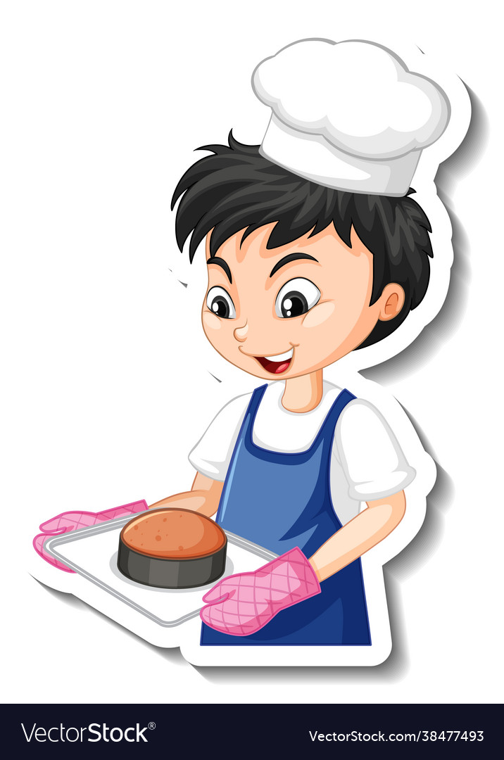 Sticker design with baker boy holding baked tray