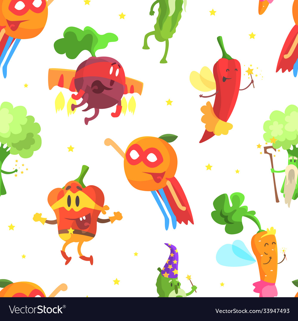 Superhero vegetables seamless pattern funny