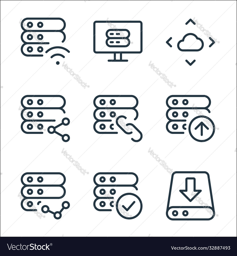 Work office server line icons linear set quality vector image Work office server line icons linear set quality
