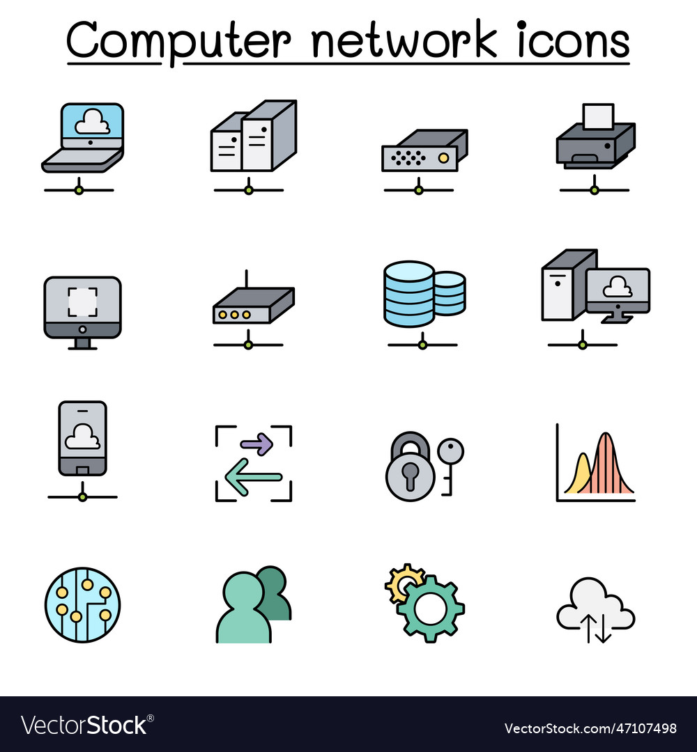 Computer network and cloud computing color line Vector Image