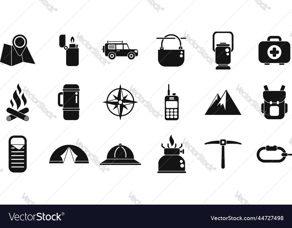 Expedition icons set simple hiker Royalty Free Vector Image