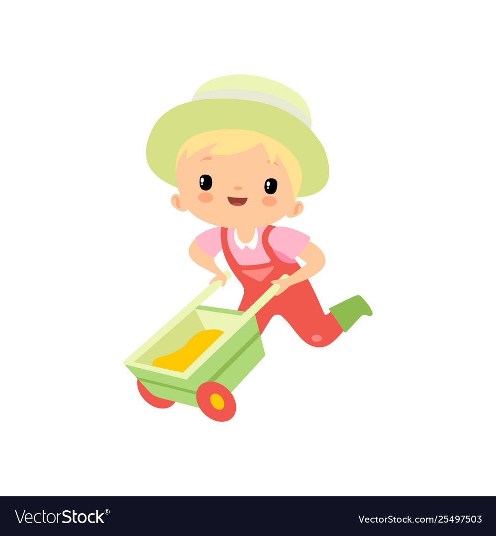 Cute boy in overalls rubber boots and hat pushing vector image Cute boy in overalls rubber boots and hat pushing