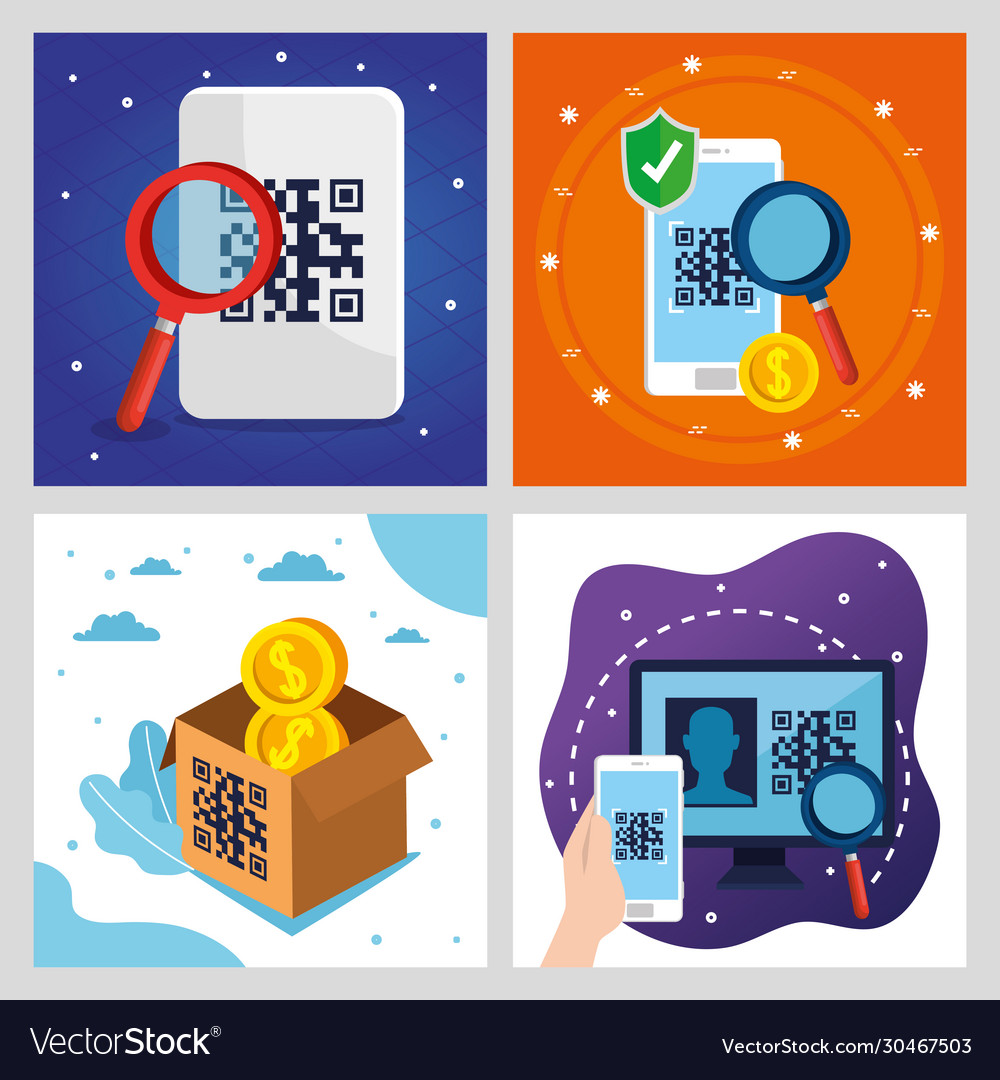Qr code inside smartphones lupe computer and box