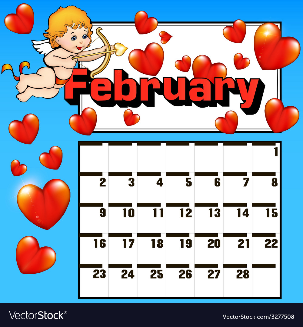 Calendar for february valentines day Royalty Free Vector
