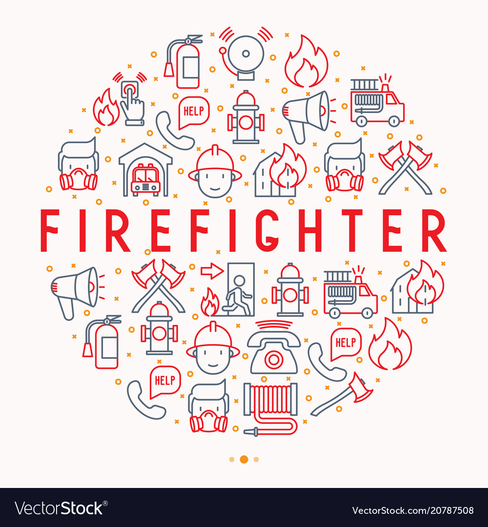 Firefighter concept in circle with thin line icons vector image Firefighter concept in circle with thin line icons
