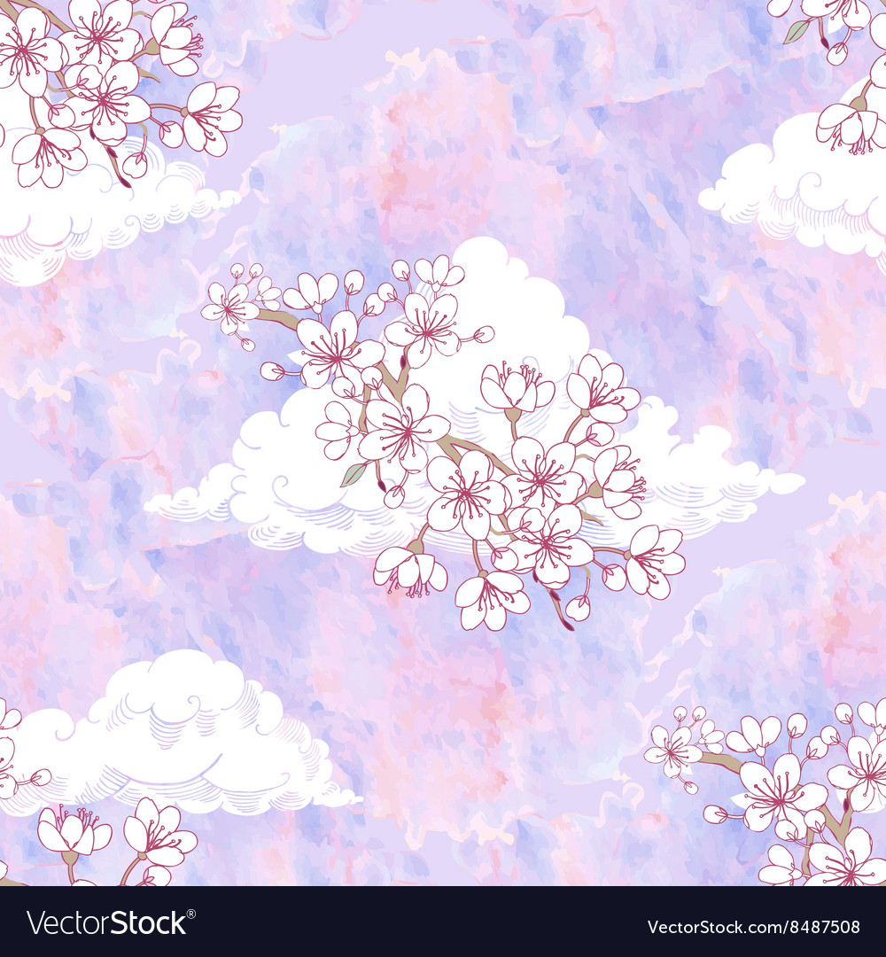 Seamless pattern with sakura and clouds
