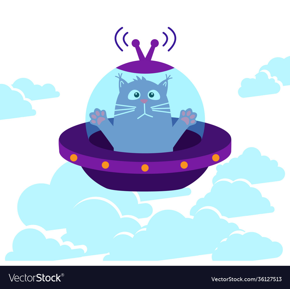 Space cat frightened cat flies in a flying saucer Vector Image