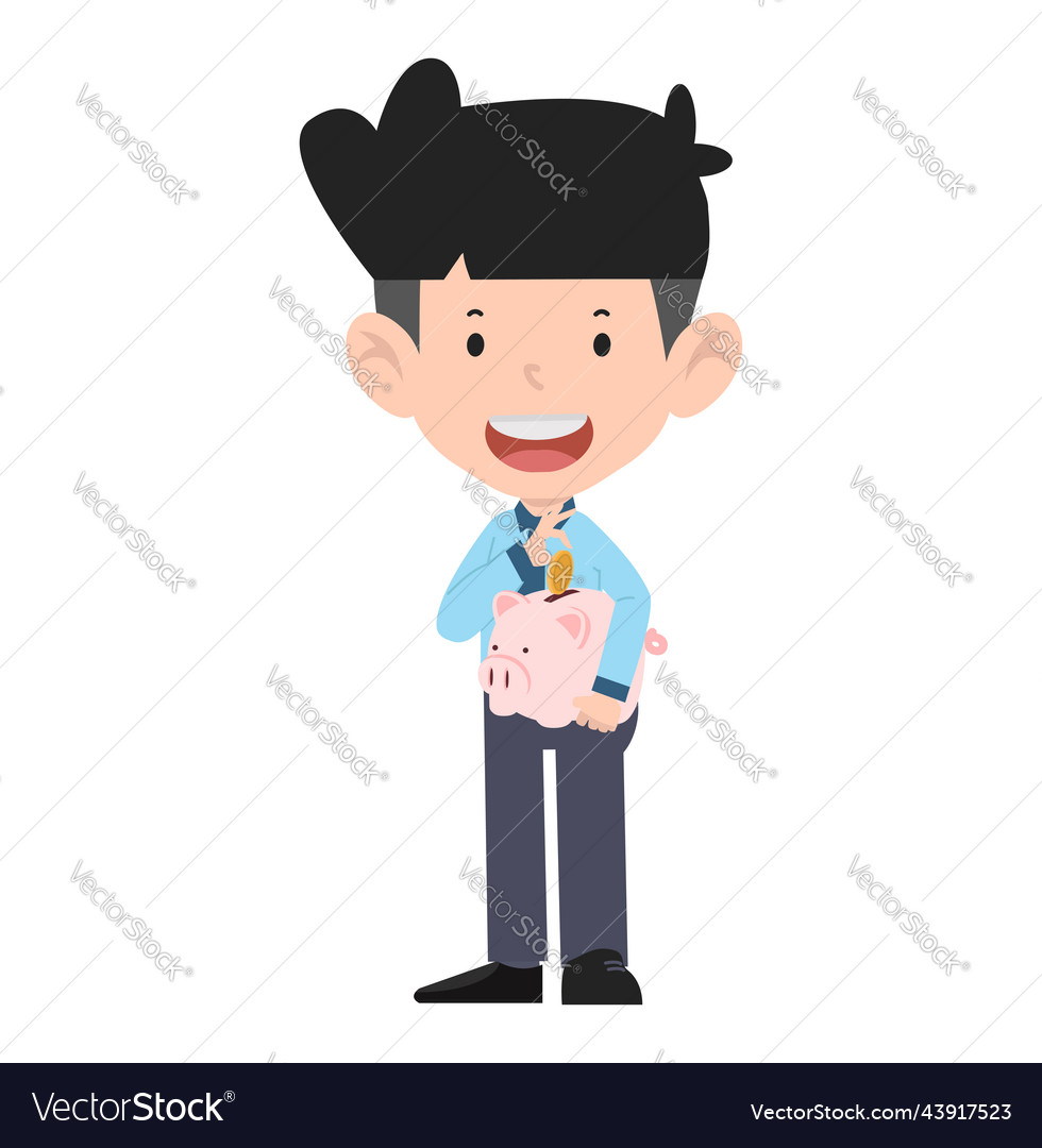 Business man holding piggy bank with money