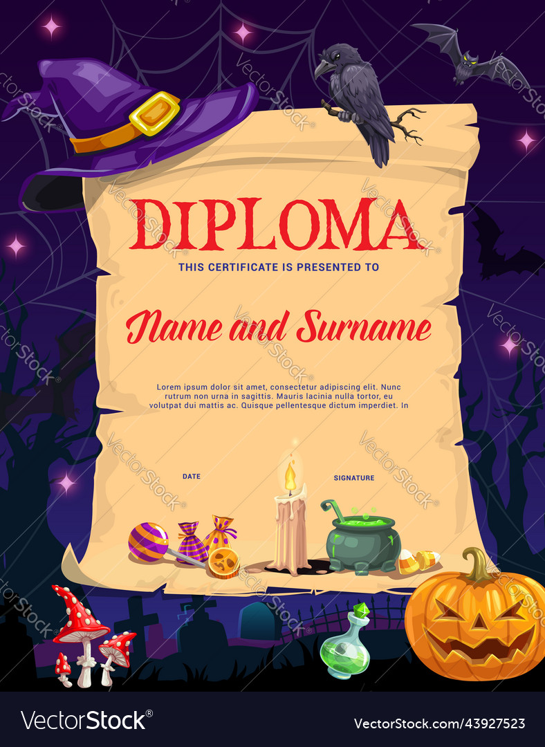 Halloween diploma with spell scroll witch hat Vector Image