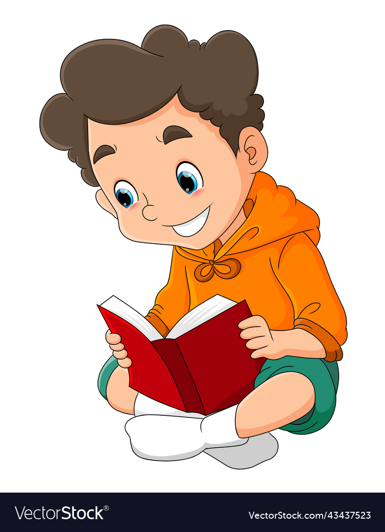 Happy boy is reading the story book in library Vector Image