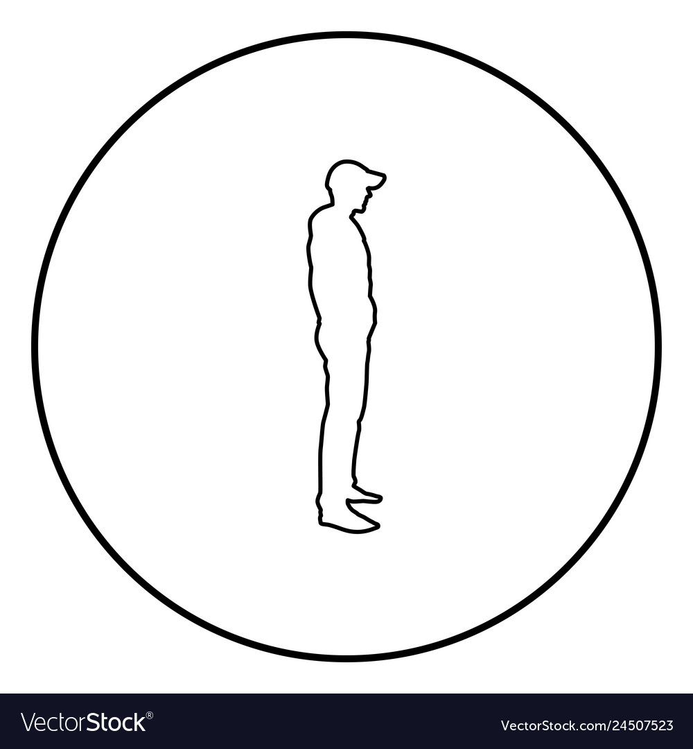 Man standing in cap view with side icon outline