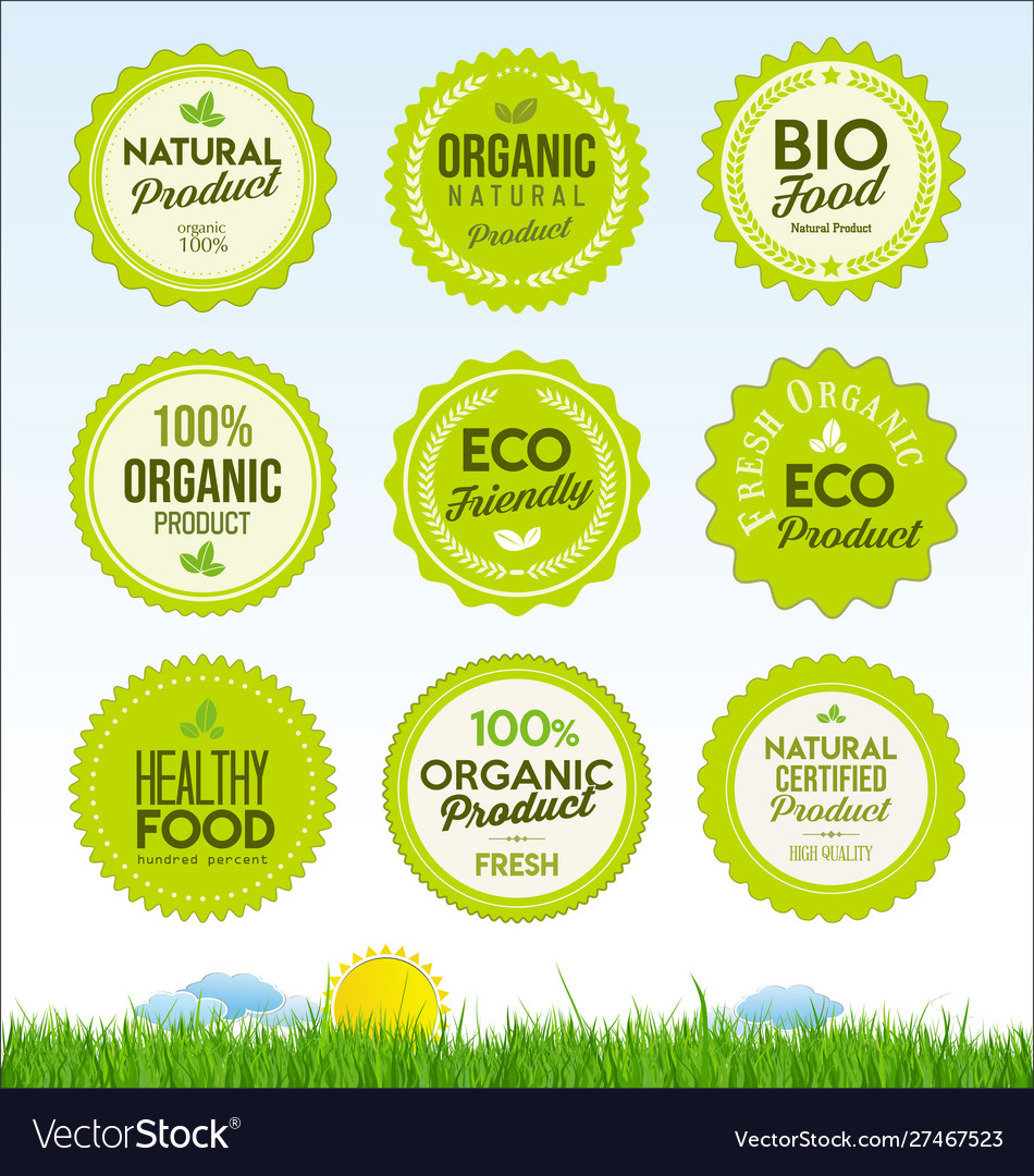 Set healthy organic farm fresh product badges vector image Set healthy organic farm fresh product badges