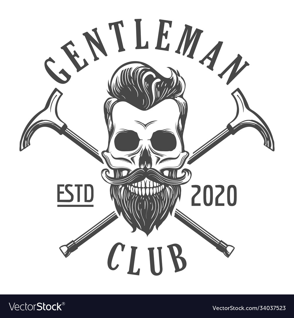 Skull with beard gentleman club emblem in tattoo Vector Image