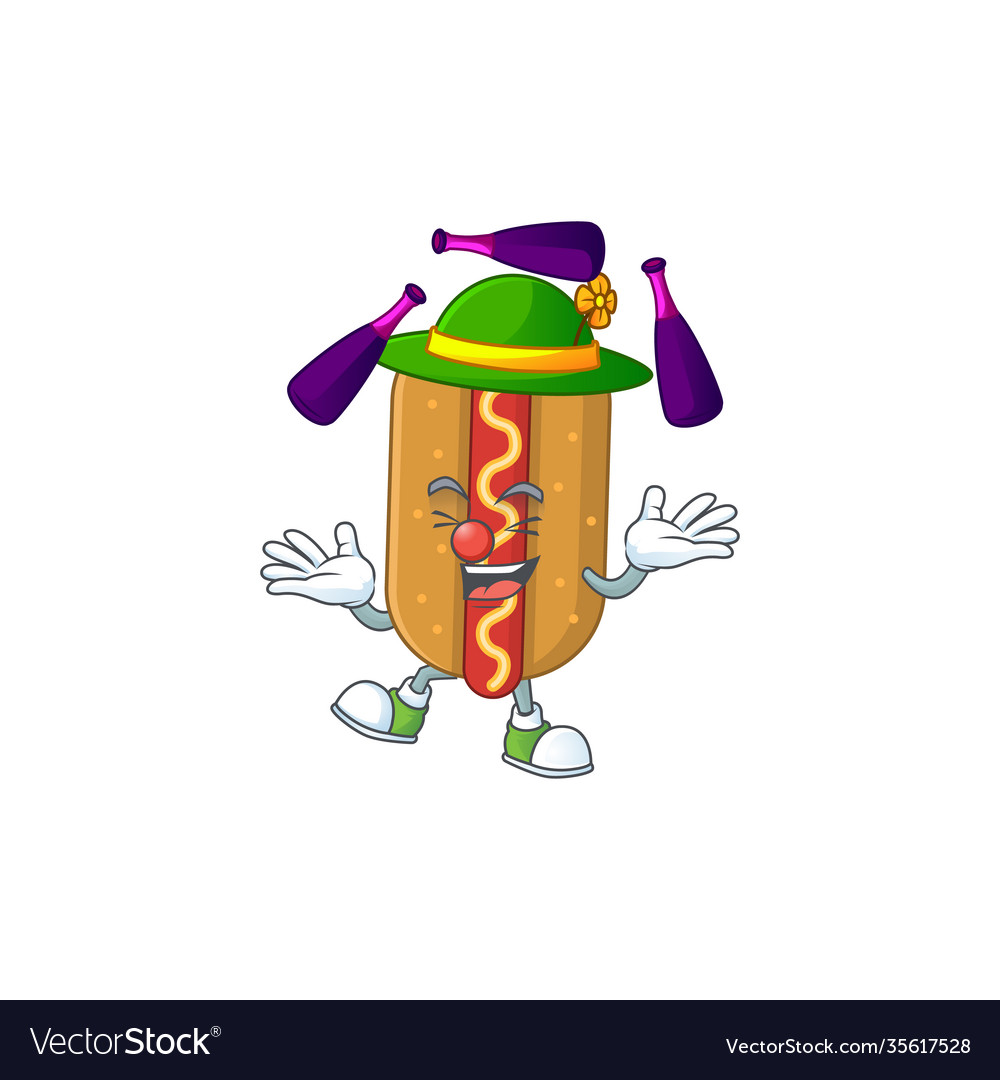 Hotdog mascot cartoon playing juggling on circus