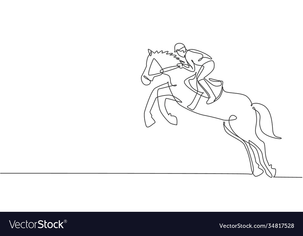 One continuous line drawing young horse rider Vector Image