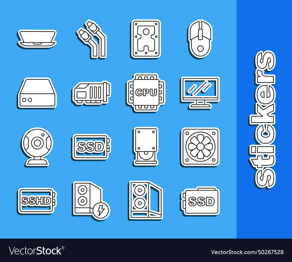 Set line ssd card computer cooler monitor screen vector image Set line ssd card computer cooler monitor screen