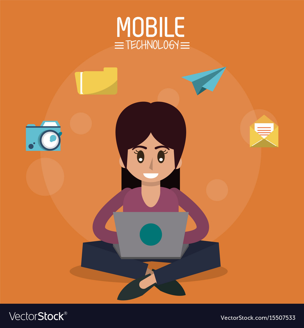 Color poster of mobile technology with woman