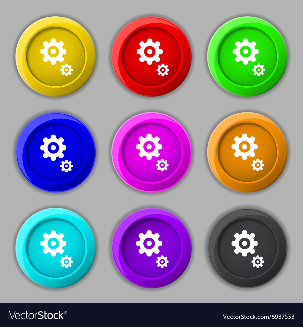 Gears icon sign symbol on nine round colourful