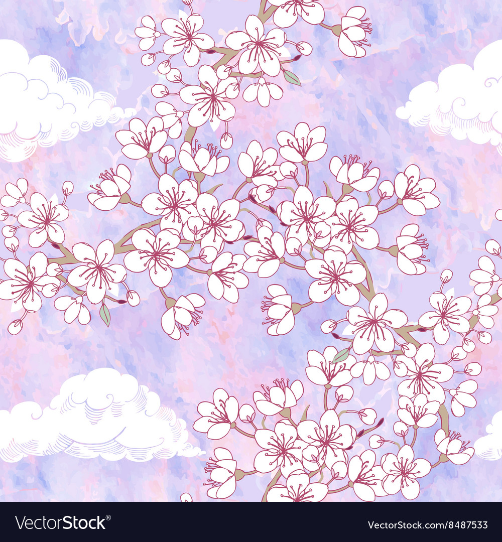 Seamless pattern with sakura and clouds