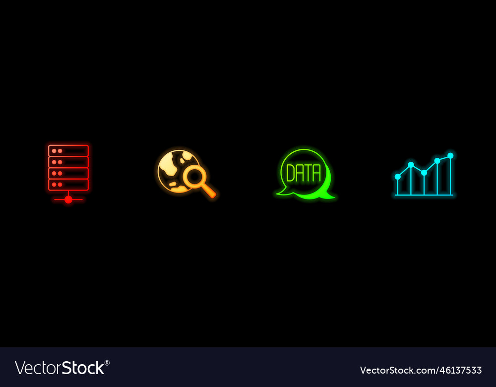 Set server search globe data analysis and pie vector image Set server search globe data analysis and pie