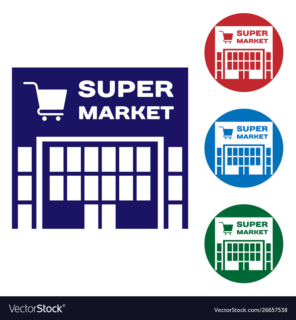 Blue supermarket building with shopping cart icon