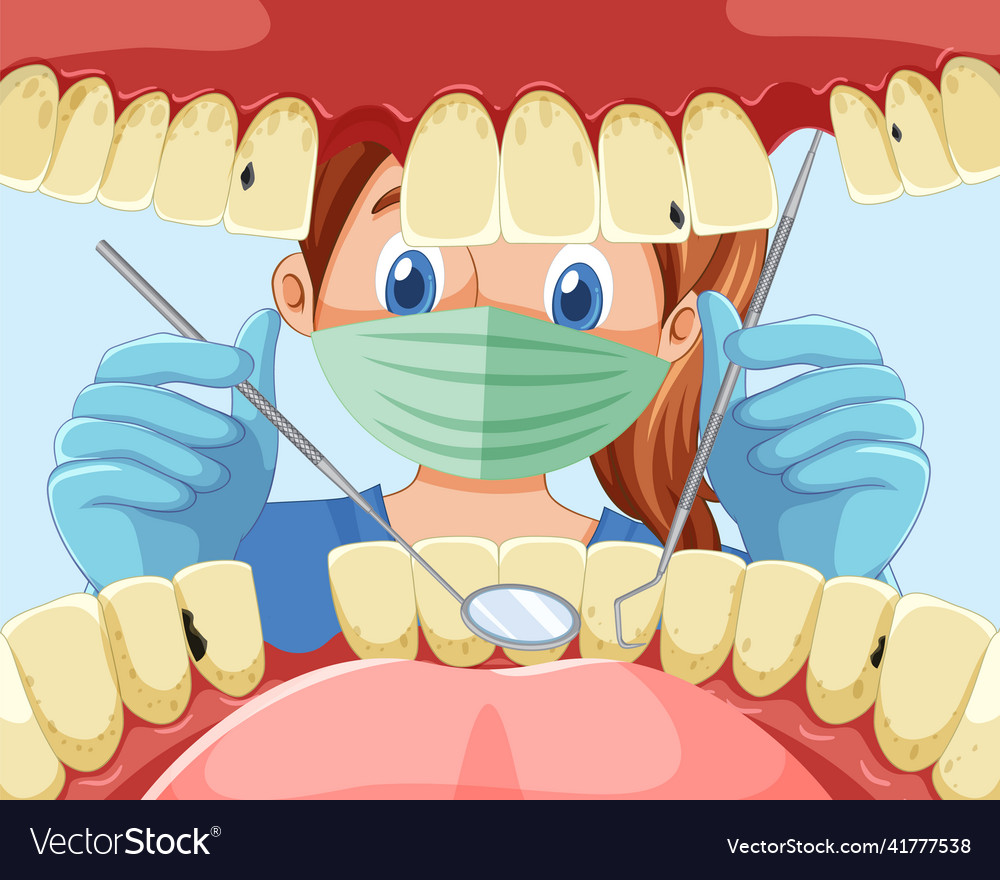 Dentist holding instruments examining patient Vector Image