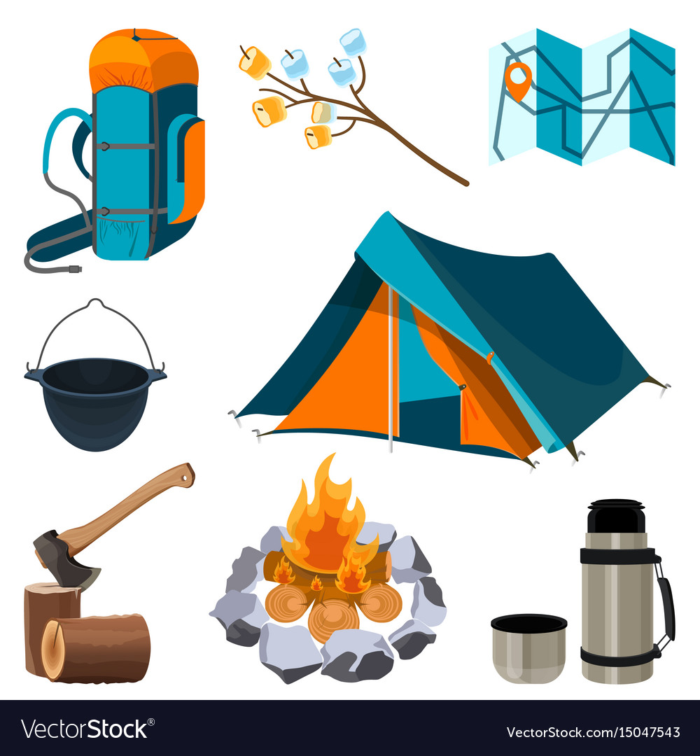 Set camping elements isolated on white Royalty Free Vector