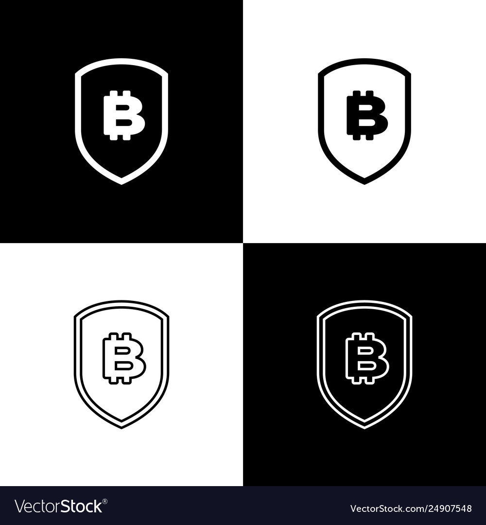 Set shield with bitcoin icons on black and white