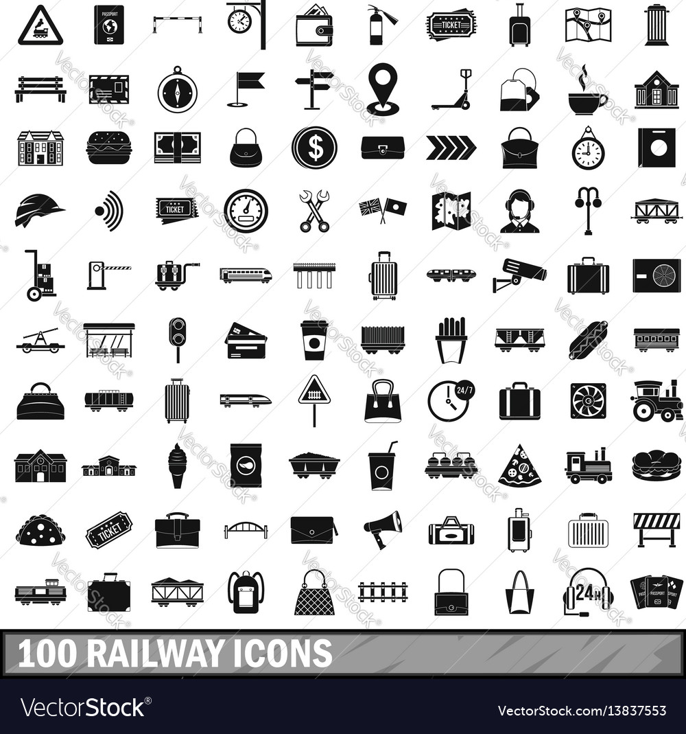 100 railway icons set simple style Royalty Free Vector Image