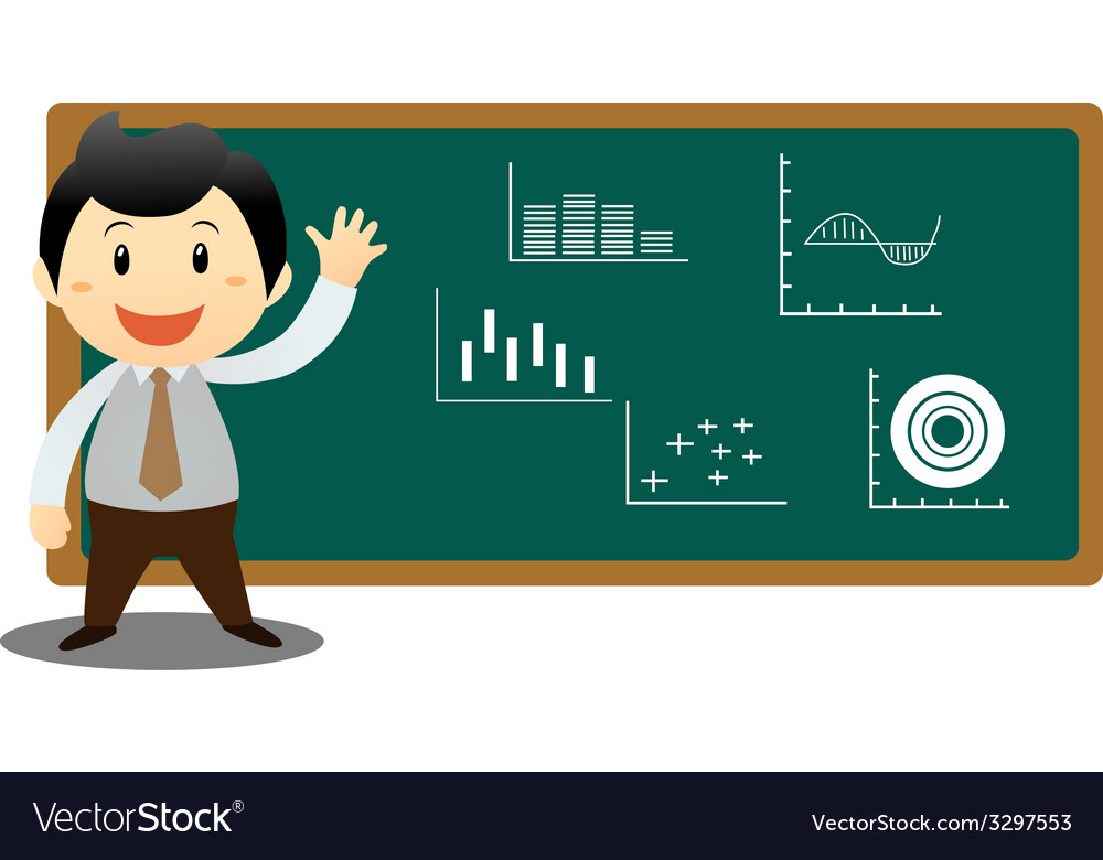 Businessman Cartoon präsentiert auf Blackboard