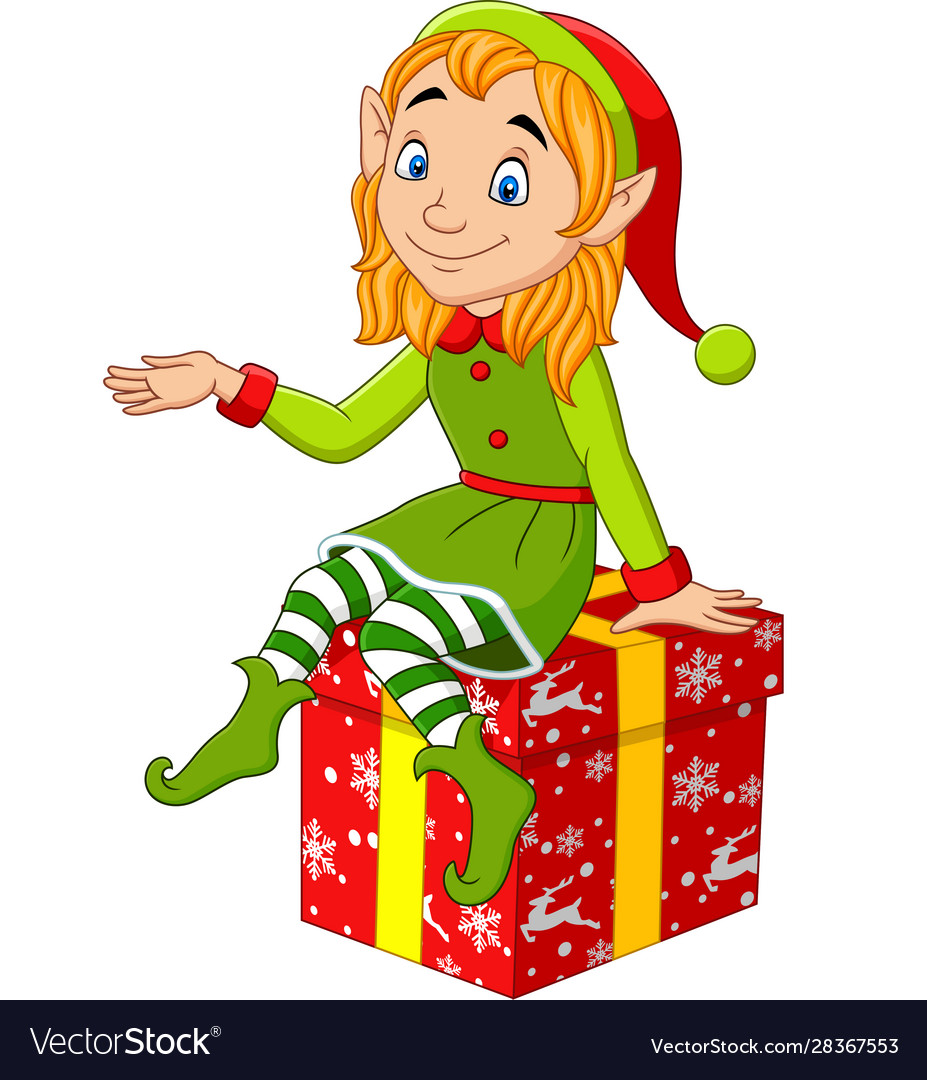 Cartoon christmas elf sitting on gift Royalty Free Vector