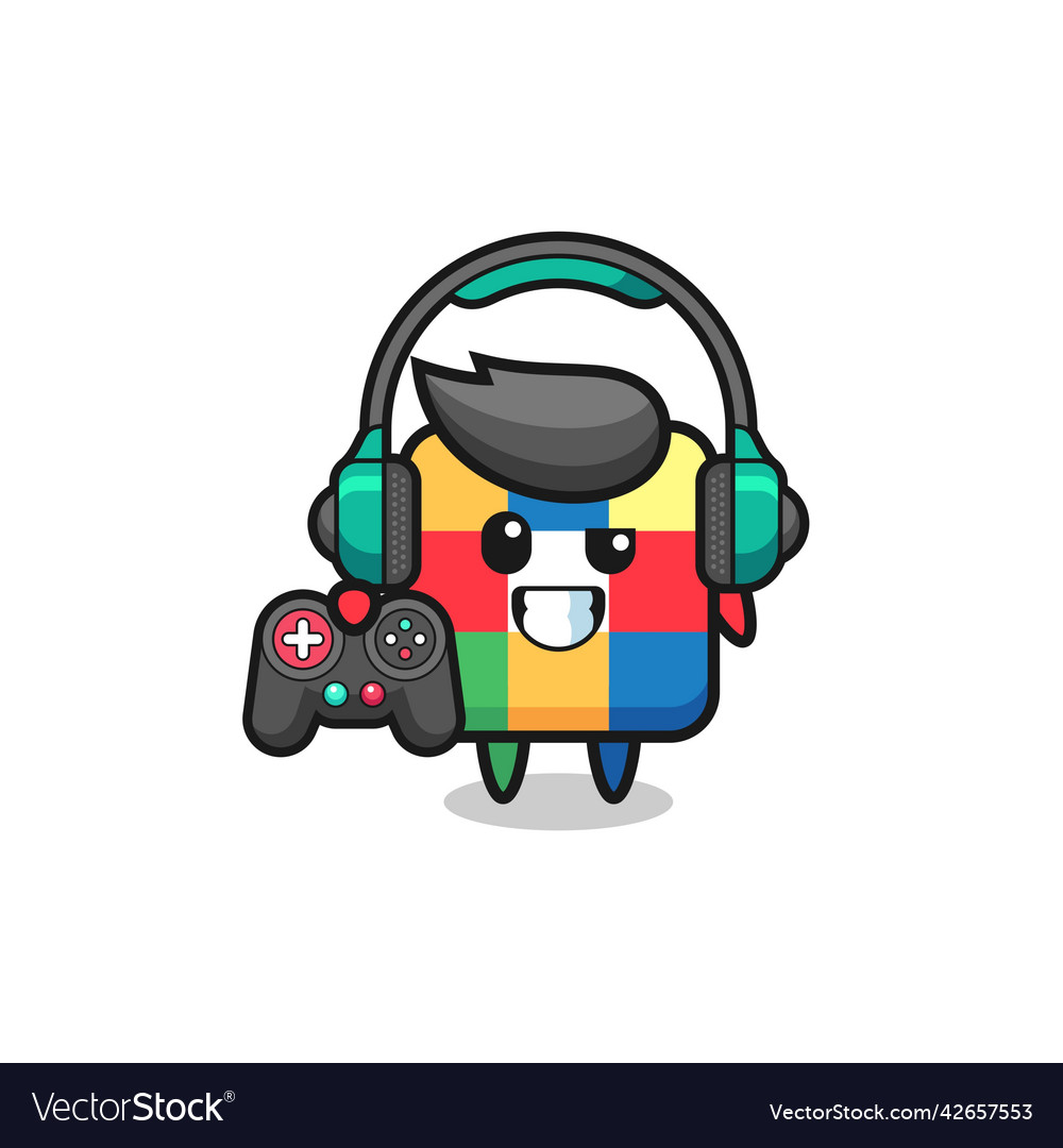 Cube puzzle gamer mascot holding a game controller