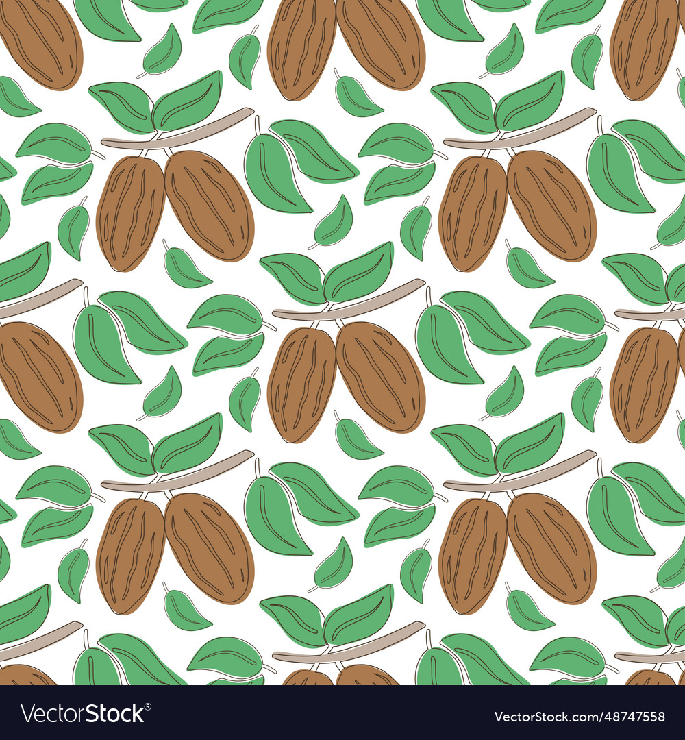 Cocoa and leaves seamless pattern vector image Cocoa and leaves seamless pattern