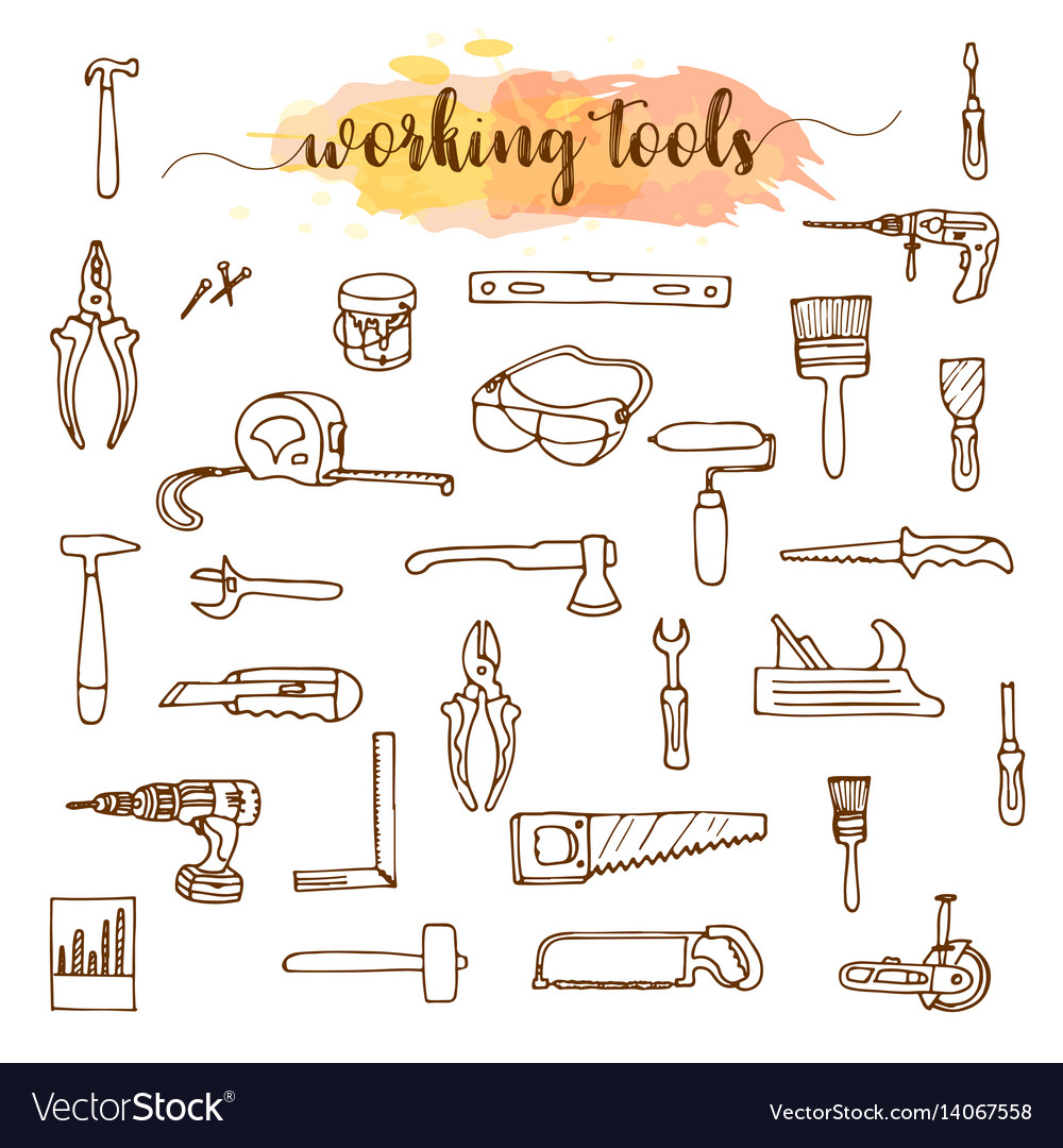 Set of working tools doodle sketch Royalty Free Vector Image