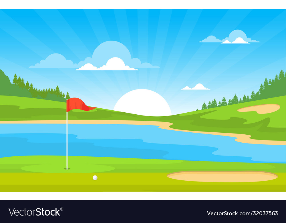 Golf field flag pond grass tree outdoor sport vector image Golf field flag pond grass tree outdoor sport